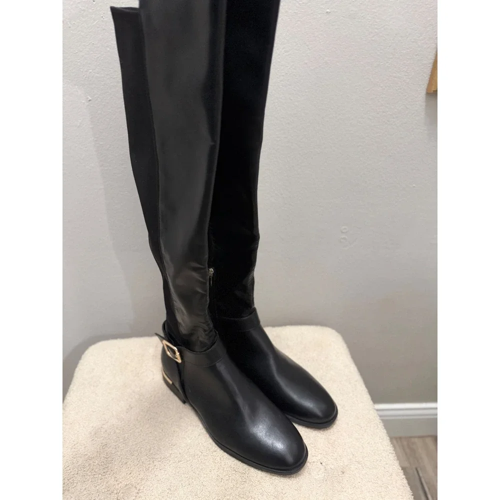 Nine Andone West Black Over The Knee Boots Gold Buckle Stretch Minimalist 9.5